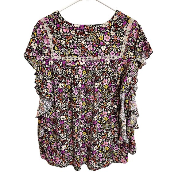 Democracy Split V-Neck Floral Print Blouse Short Flutter Sleeves and Side Sz 2X - Picture 6 of 16